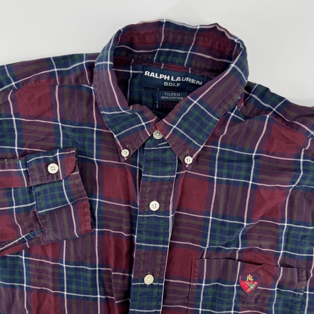 Ralph Lauren Golf Tilden Shirt Men Medium Burgundy Plaid Cotton Button Down 7838
